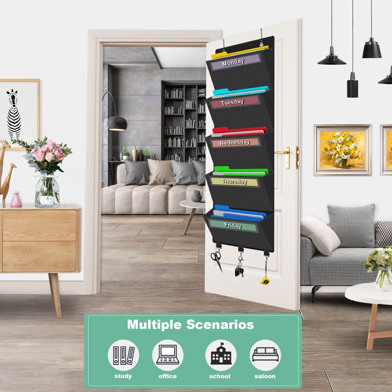 Over the Door File Organizer with 5 Large Pockets Wall Mount for Office & Home Storage