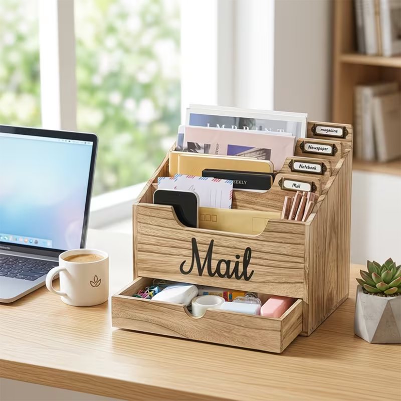 Wood Desktop Mail Organizer with 4 Large Compartments and Drawer – Rustic Office Desk Storage