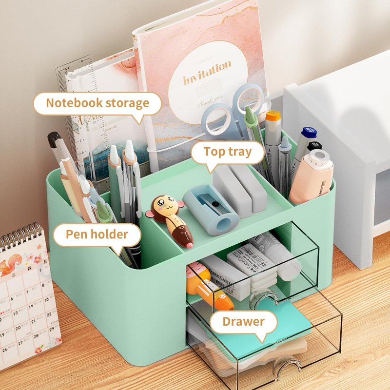 Multi-Functional Pen Organizer with 2 Drawers and Compartments for Desk Storage - Green