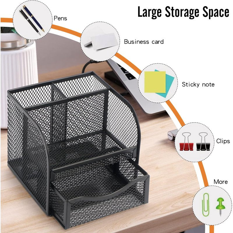 Mesh Desk Organizer with Drawer and Compartments for Office & Home