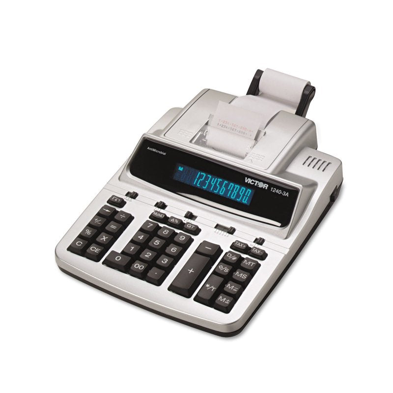 Office Calculator with Print Function, 12 Digits, AC Power, Black & Silver
