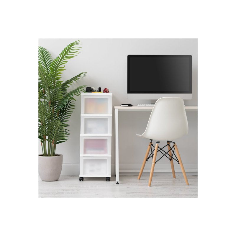 Narrow 4-Drawer Plastic Storage Cart with Organizer Top - White