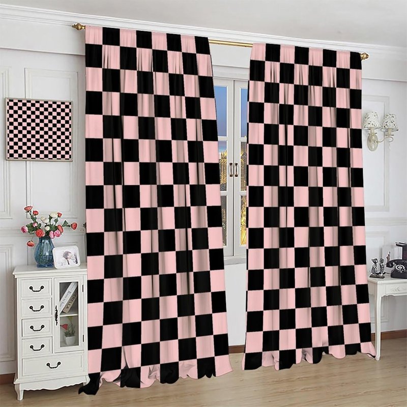 Vintage Plaid Curtain Set with Thermal Insulation for Living Room and Bedroom