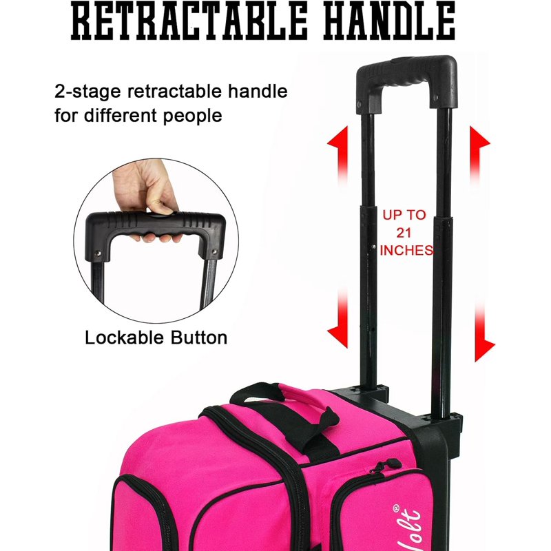 WOLT Double Roller Bowling Bag for 2 Balls with Retractable Handle - 40" Pink