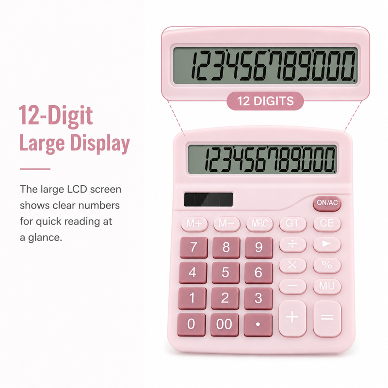 12-Digit Desktop Calculator with Large LCD Display - Solar & Battery Powered Office Math Tool
