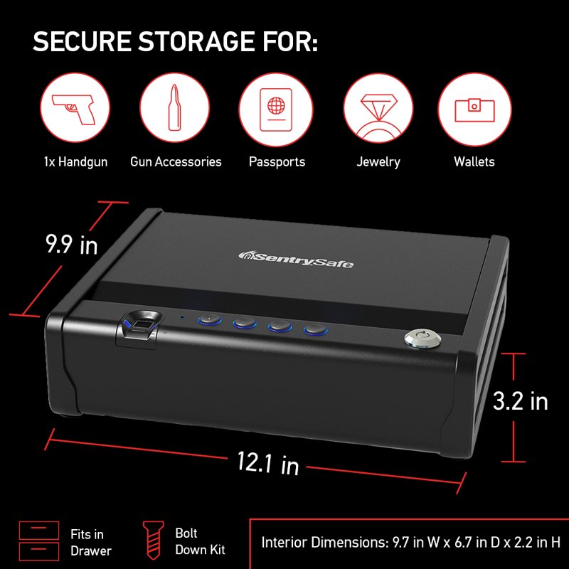Biometric Pistol Safe with Digital Keypad Interior Light - 3.2 x 12.1 x 9.9 in Black