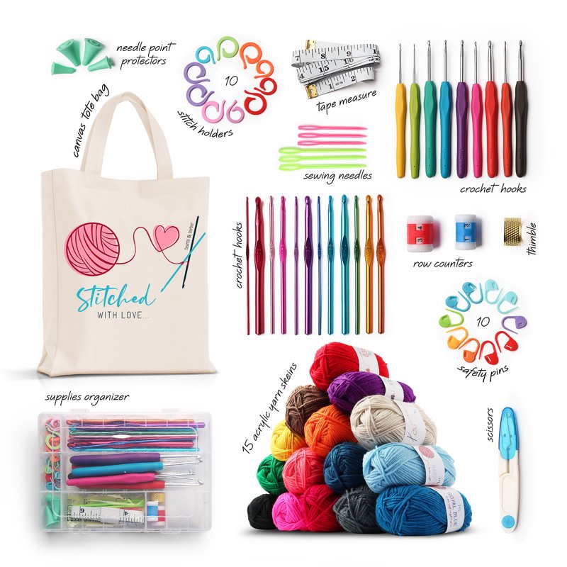 Crochet Craft Kit for Beginners - 75 Yards Yarn, Hooks, Accessories & Storage