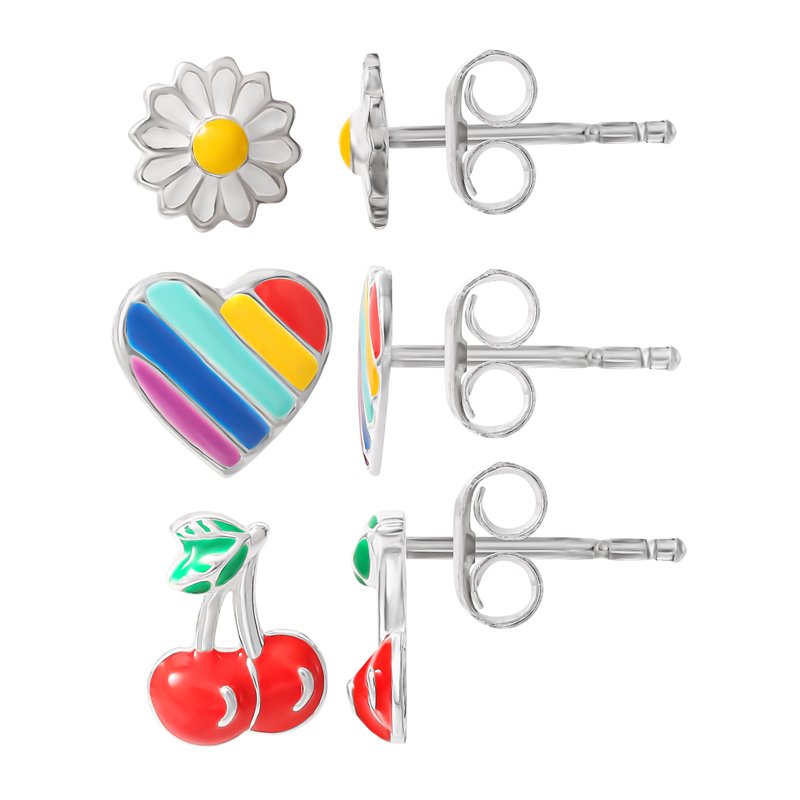 Sterling Silver Daisy Heart Cherry Stud Earrings Set for Girls