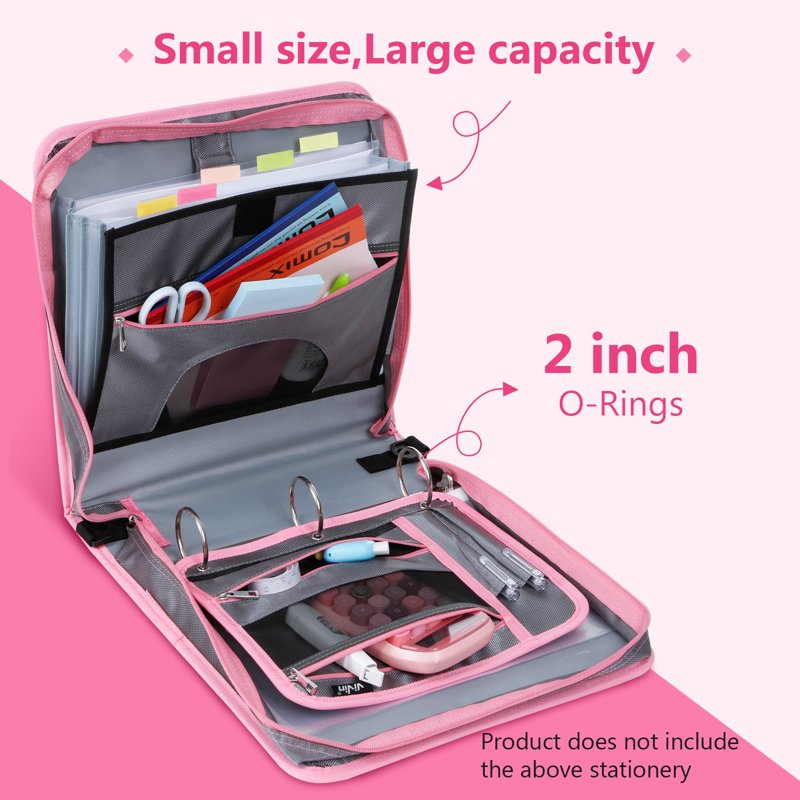2-Inch Zipper Binder with O-Ring Mechanism and Multiple Pockets in Pink