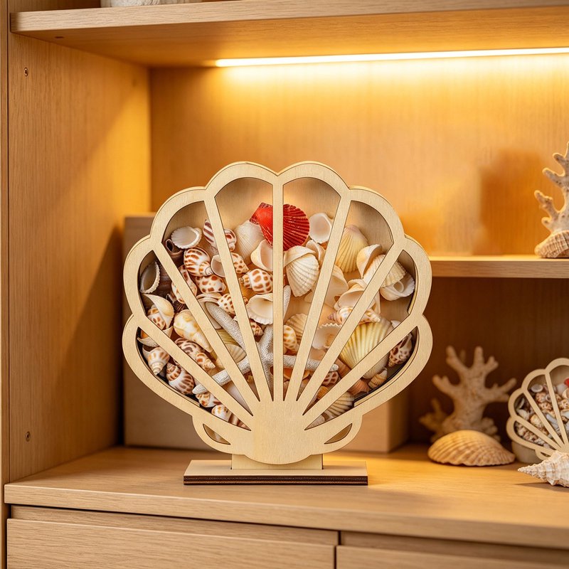 Seashell Wooden Storage Box with Clear Display Window - Beach Decor Organizer