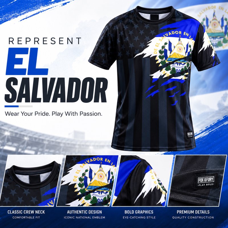 El Salvador Soccer Jersey XS - Lightweight Moisture-Wicking Fan Shirt, Athletic Fit, Fox & Fury