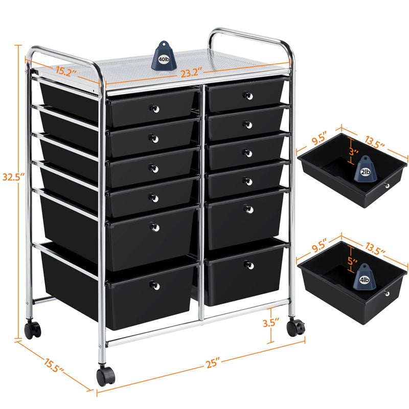 12-Drawer Mobile Storage Cart with Lockable Wheels, Steel Home Office Organizer