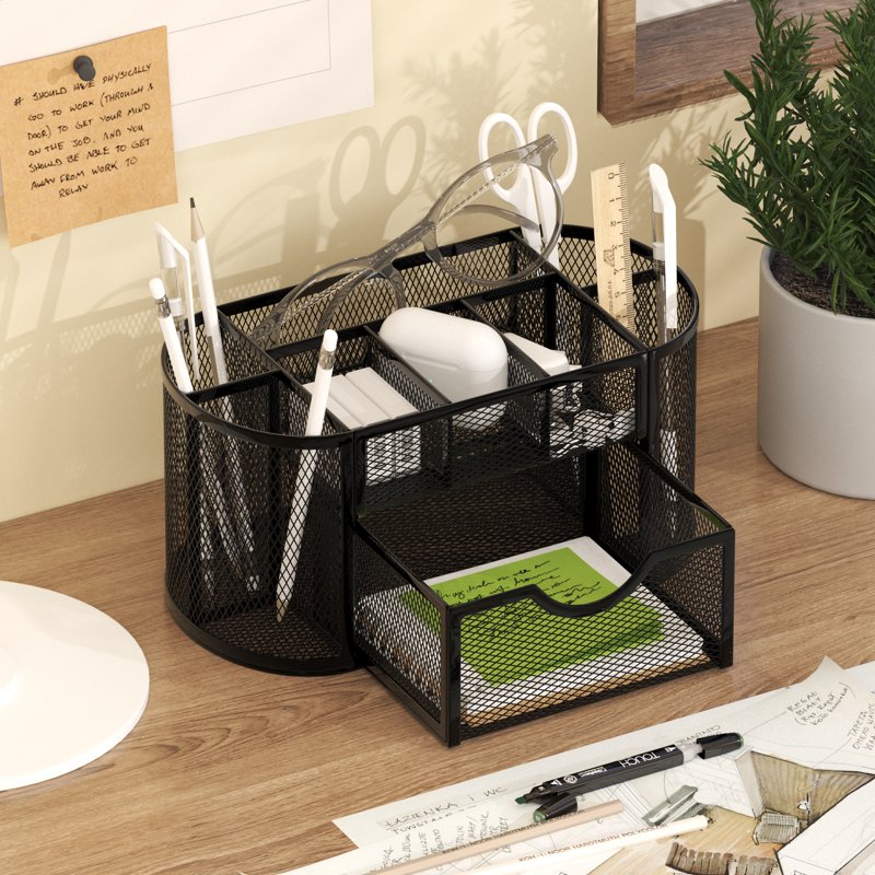 Desk Organizer with Drawers and Pen Holder - Mesh Office Storage, Black