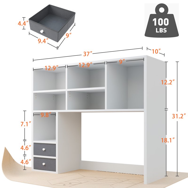 Desktop Bookshelf with 8 Shelves and 2 Drawers - White Wooden Desk Organizer for Office and Dorm