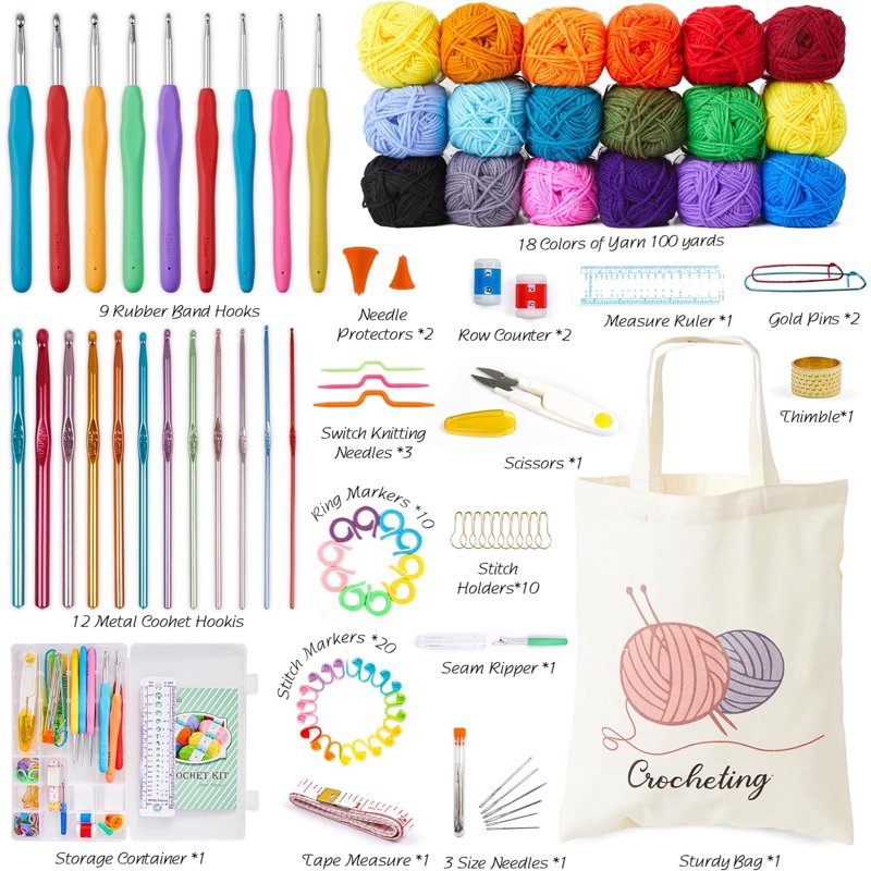 Crochet Kit for Beginners Adults with 18 Acrylic Yarn Skeins & Hooks — Complete Craft Set