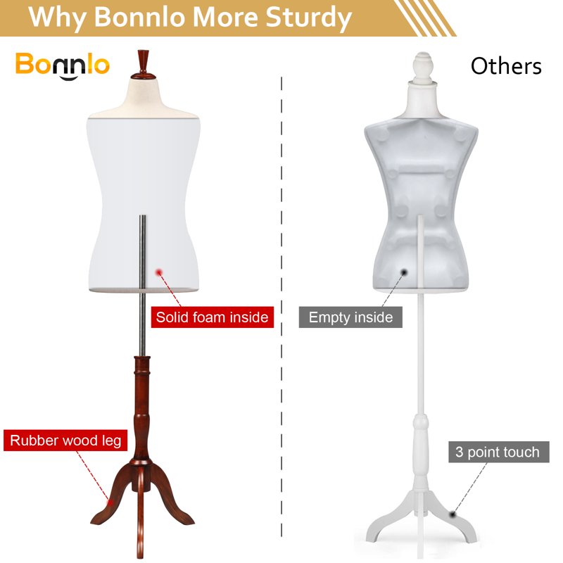 Female Dress Form Mannequin Torso with Wooden Tripod Stand Adjustable Height