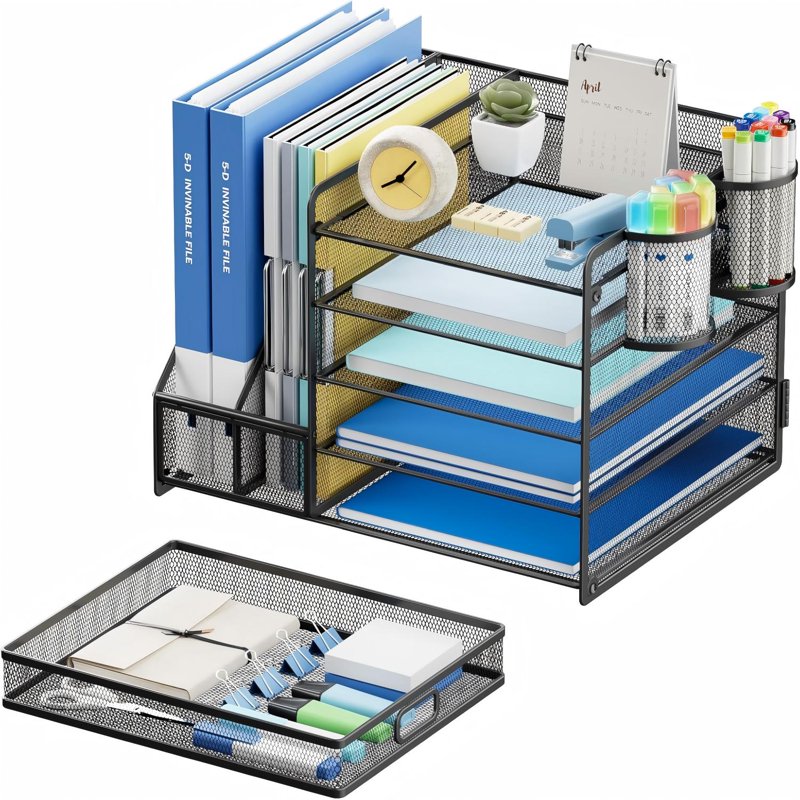 5-Tier Desktop File Organizer with Drawer and Pen Holders - Office & Home Storage
