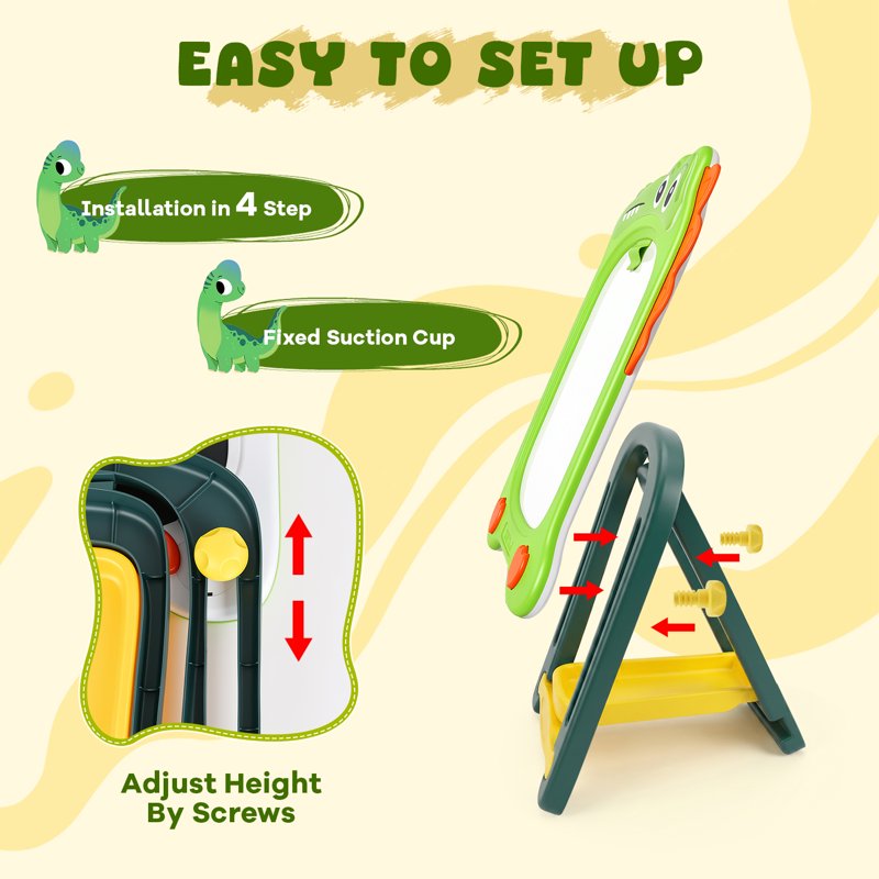 Kids Double-Sided Magnetic Whiteboard & Chalkboard Easel with Storage Tray - Dinosaur Design