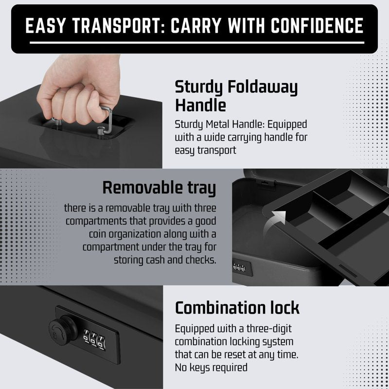 Metal Cash Box with Combination Lock and 5-Compartment Tray - Small Security Money Box