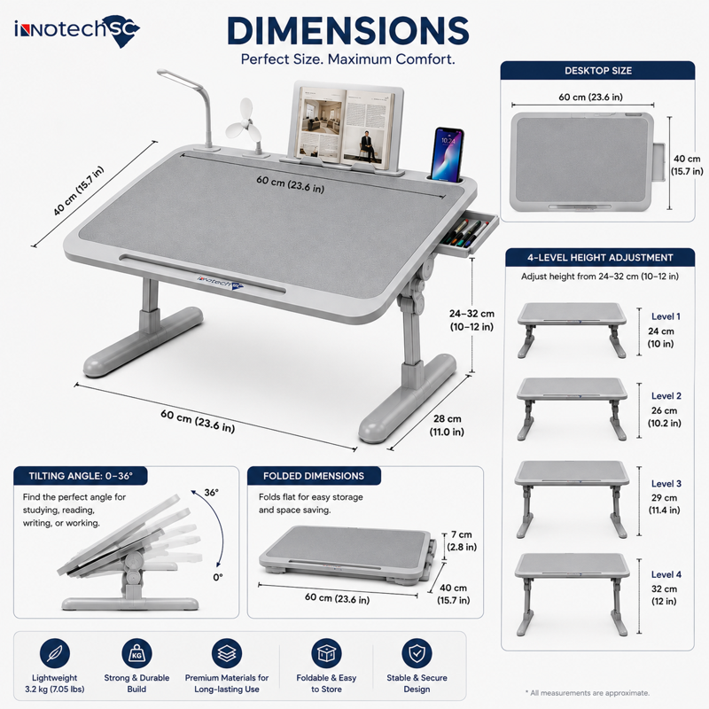Foldable Laptop Bed Desk with LED Light, Fan, USB Charging, Drawer, 4-Height Adjustment - Gray