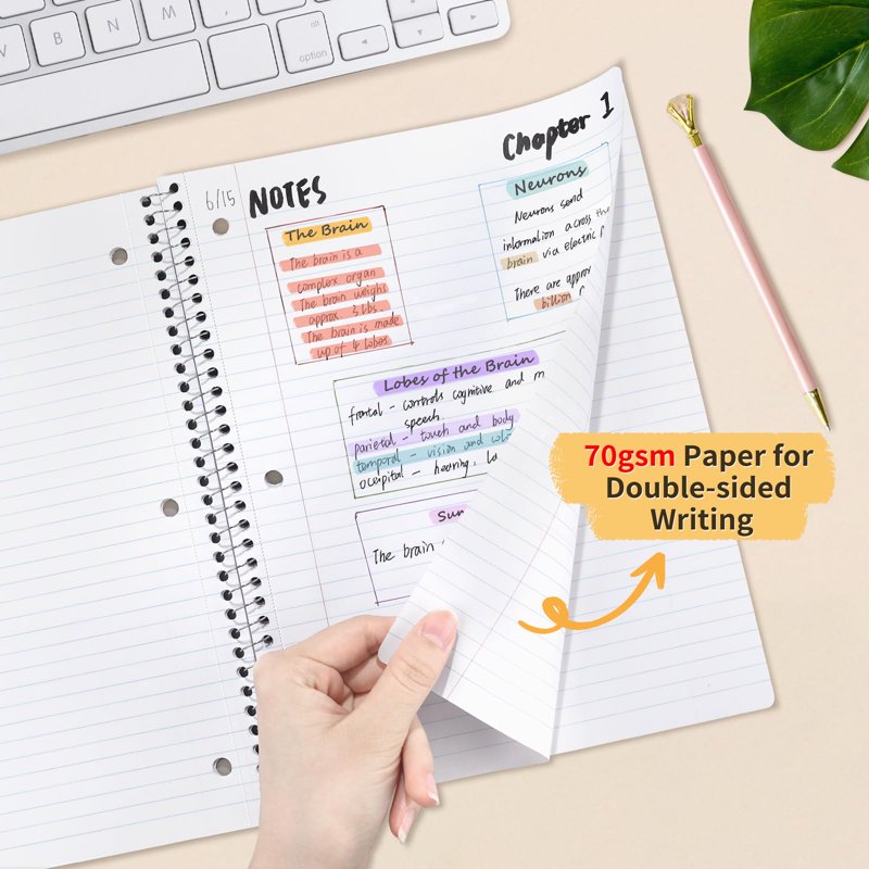 SUNEE College Ruled Spiral Notebook 8x10.5 Inches - Pack of 4, 70 Sheets Each