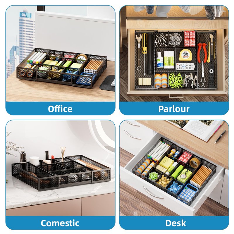 Expandable Mesh Desk Drawer Organizer with Adjustable Compartments for Office & Home