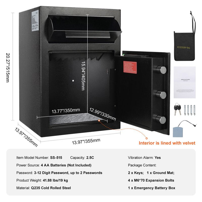 Depository Safe Box with Drop Slot and Emergency Keys - 2.5C Carbon Steel Security Safe