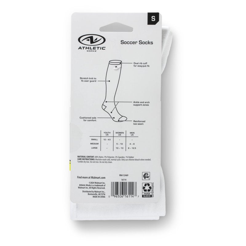 Athletic Works Soccer Socks - White, Small Youth 10-4.5, 2 Pack (Variation: 2 Pack, White, S)