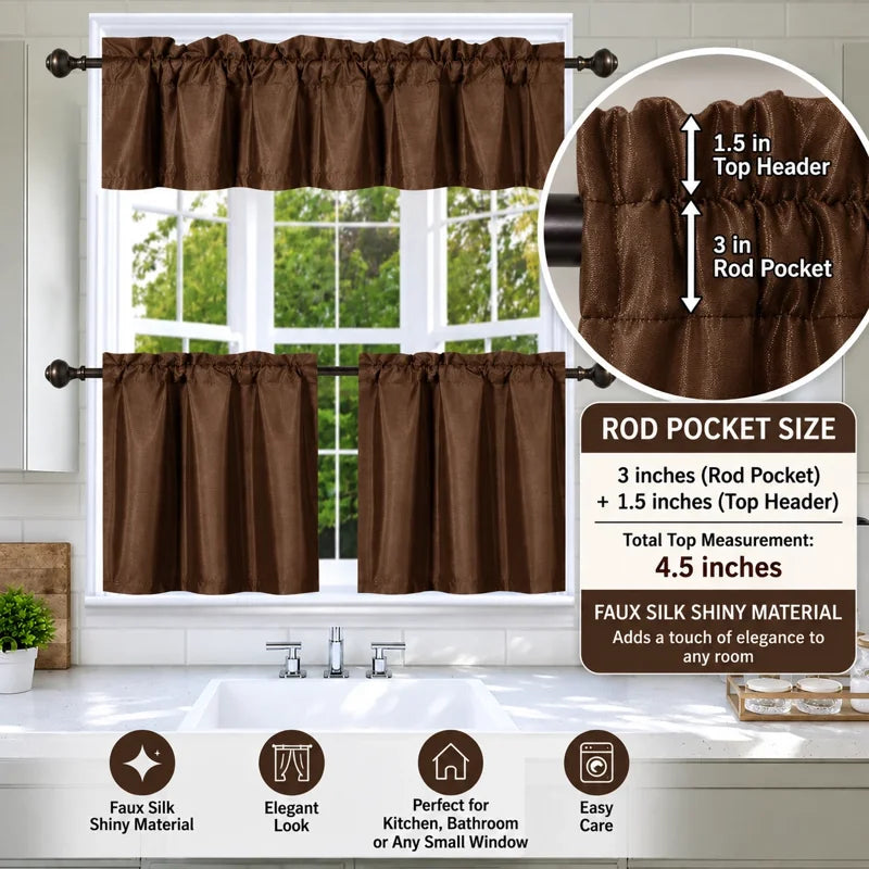 3-Piece Faux Silk Blackout Kitchen Curtain Set with Valance - Brown