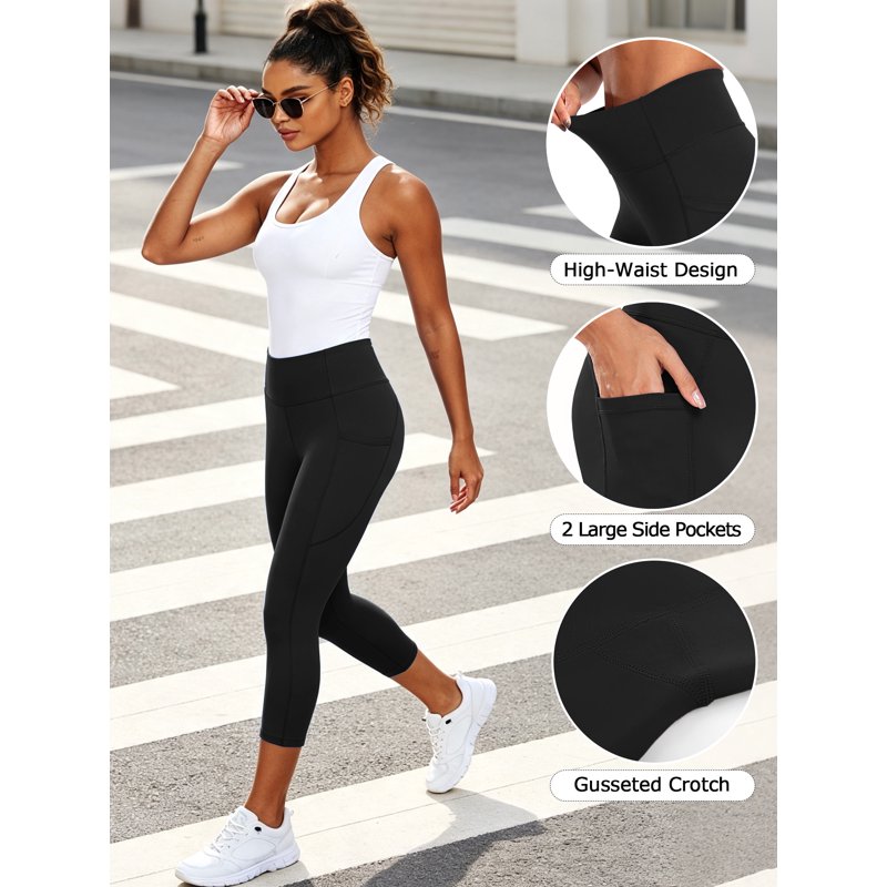 High Waist Yoga Capri Leggings with Pockets for Women - Stretch & Moisture-Wicking, Black, Size L
