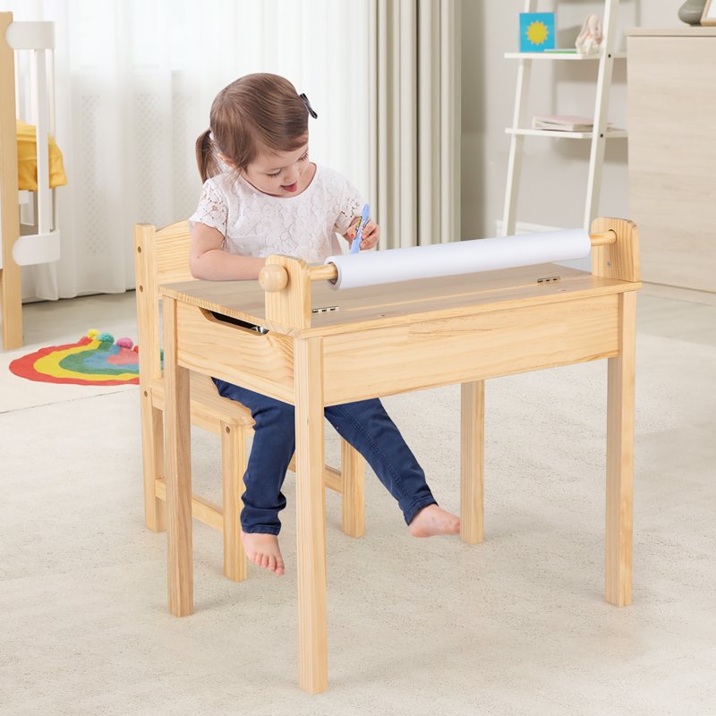 Kids Activity Table with Chair, Paper Roll Holder & Storage - Toddler Furniture