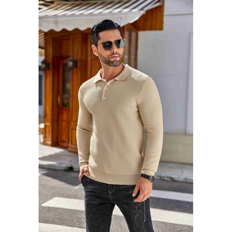 Men's Lightweight Knit Polo Shirt Long Sleeve Casual Collared Sweater