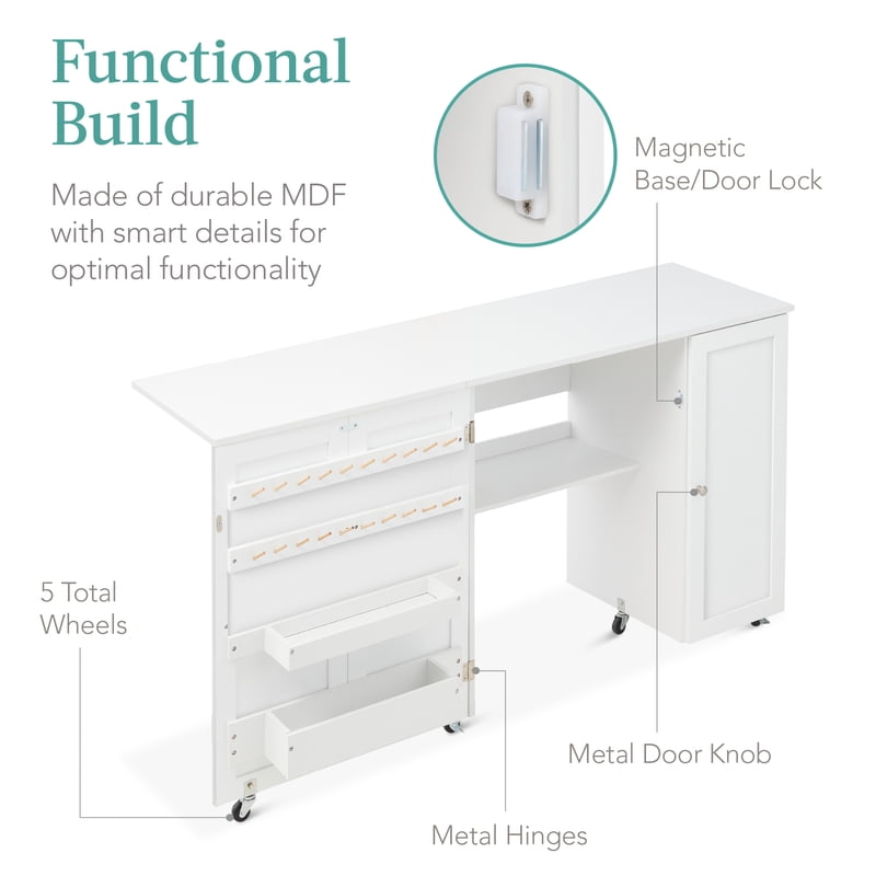 Large Folding Sewing & Craft Table with Storage, Magnetic Doors, Wheels