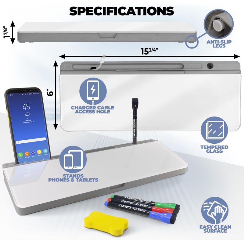 Glass Desktop Whiteboard with Storage, Phone & Tablet Slot - Grey