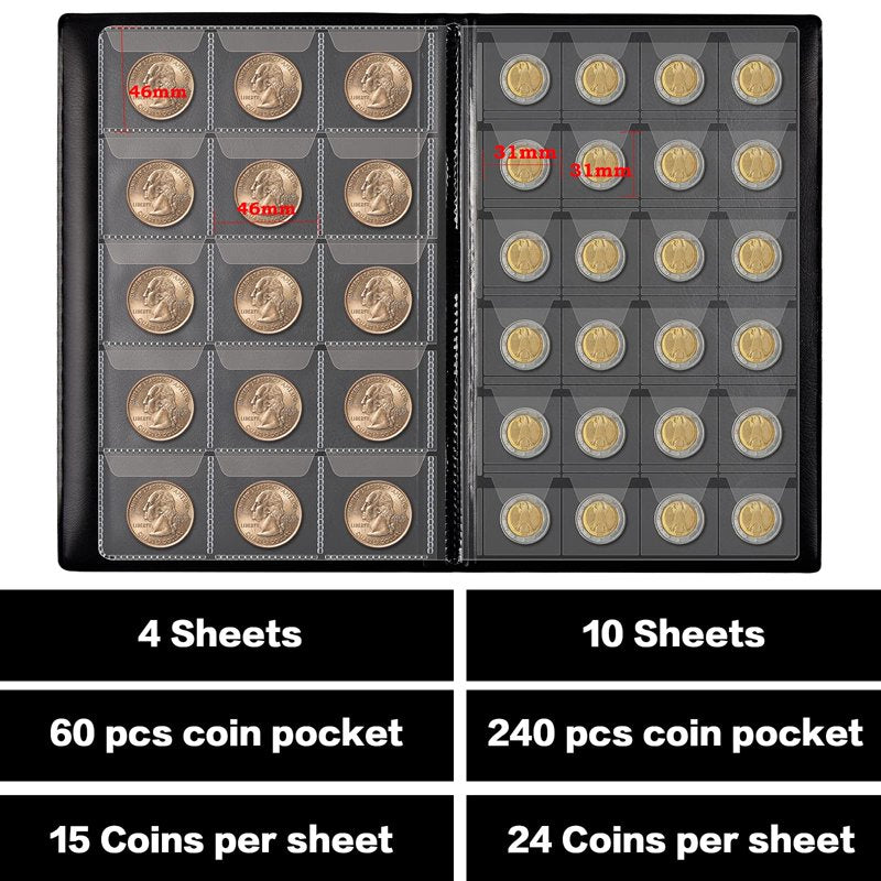 Coin Collection Book Holder Album with 300 Pockets for Collectors - Black/Blue