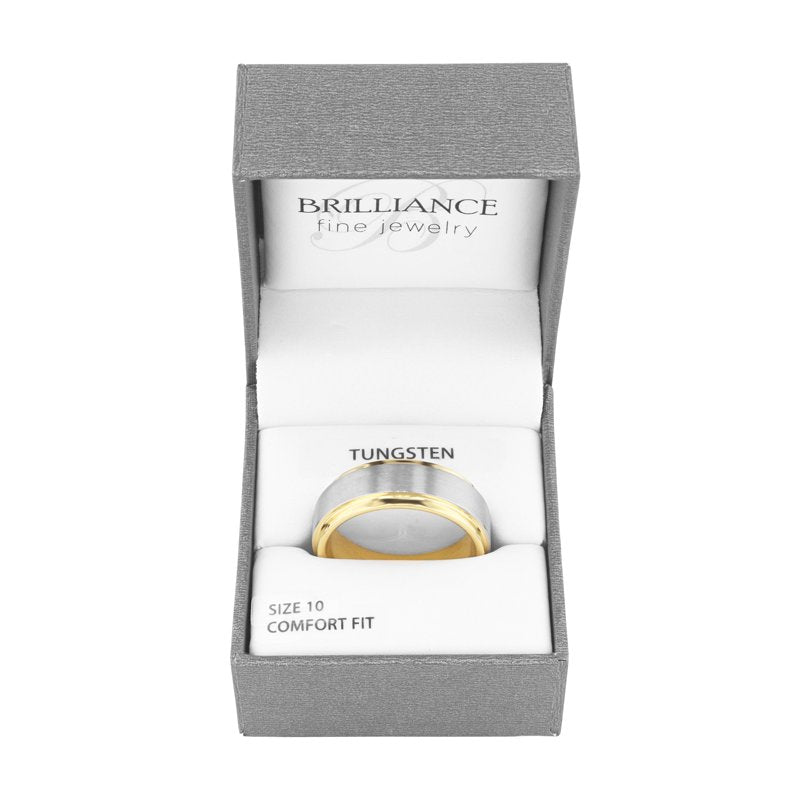 Men's Two-Tone Tungsten Wedding Ring with Satin Finish and Step Edge Design