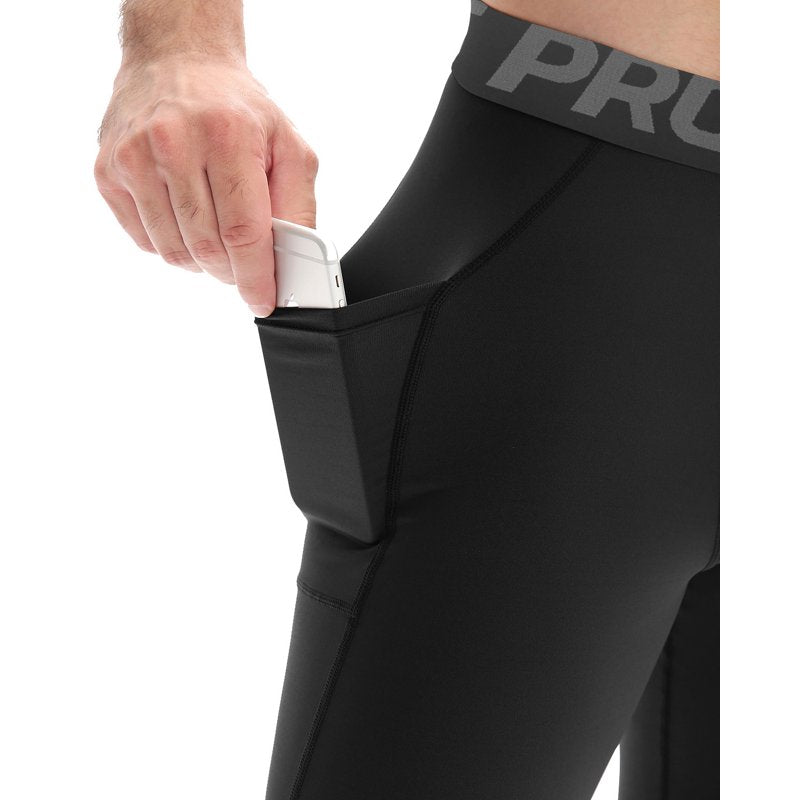 Men's Compression Tights with Pockets for Running & Gym - Athletic Workout Pants