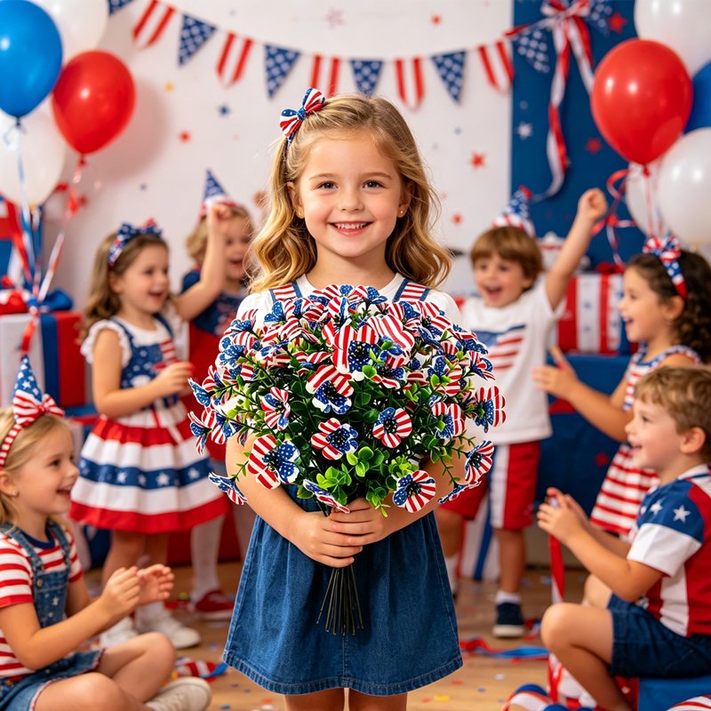 Patriotic Artificial Flower Bouquet Red White Blue for 4th of July Decor