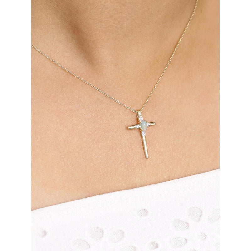 14K Gold Over Silver Cross Necklace for Women with Opal & White Diamond Accents