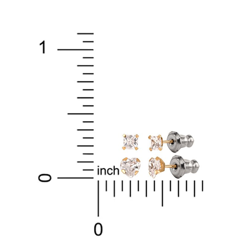 Girls 14K Gold CZ Square & Heart Stud Earring Set - Tween Jewelry Gift