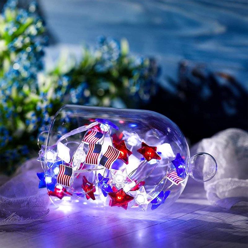 Battery Operated Patriotic Flag & Star String Lights for Indoor Outdoor 4th of July Decorations