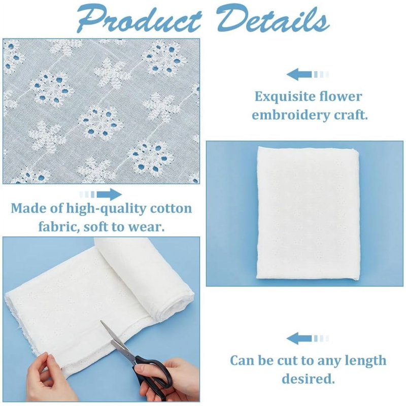 Cotton Embroidered Lace Fabric for Sewing and Decoration, White, 130-153cm Wide