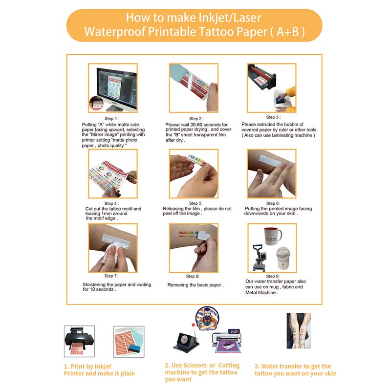 Water Transfer Paper for Temporary Body Tattoos Nail Art A4 Size 10 Sheets