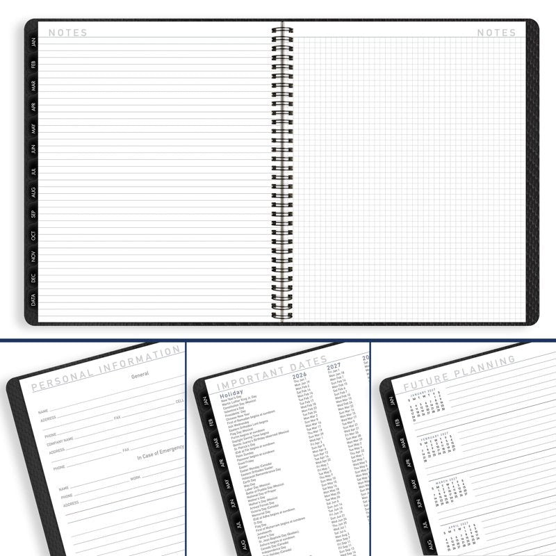 Large 2026 Monthly Planner - Charcoal Cover, 9 x 11 Weekly and Monthly Layouts