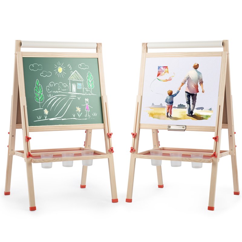 Adjustable Wooden Kids Art Easel with Paper Roll & Magnetic Whiteboard for Toddlers