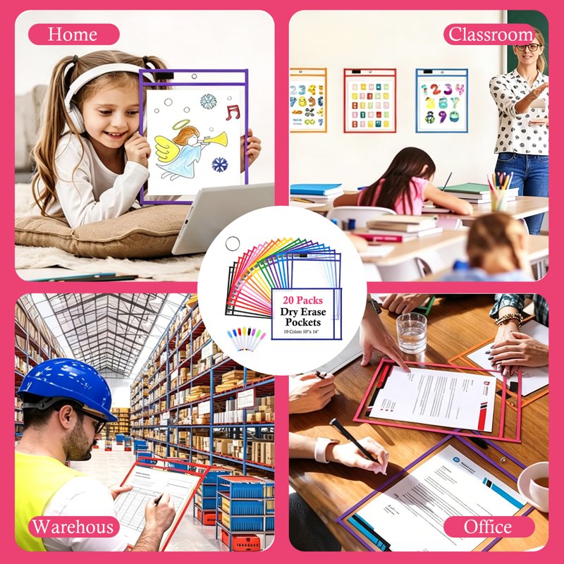 20 Pack Clear Dry Erase Pocket Sleeves with Rings 10x14 inch Classroom Organizer