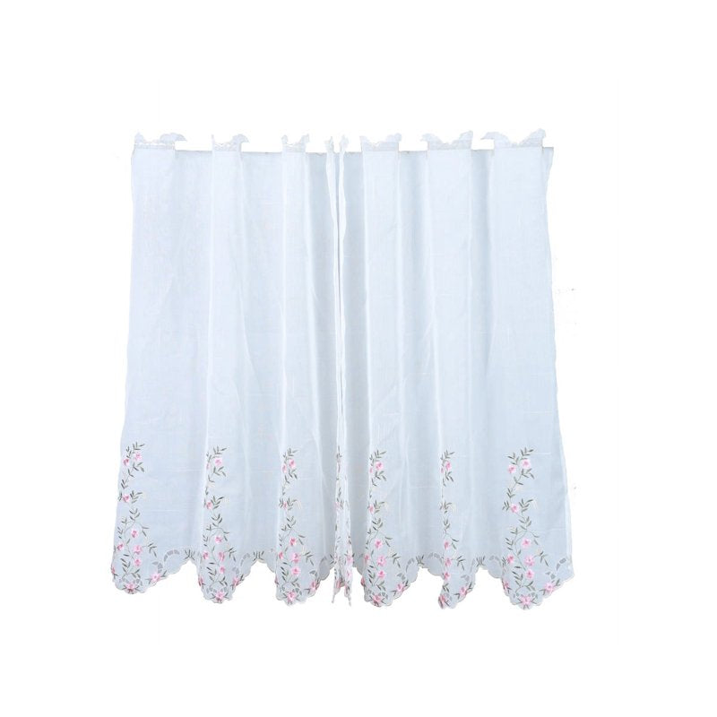 Sheer White Kitchen Curtain Set with Embroidered Flower Design – Multiple Sizes