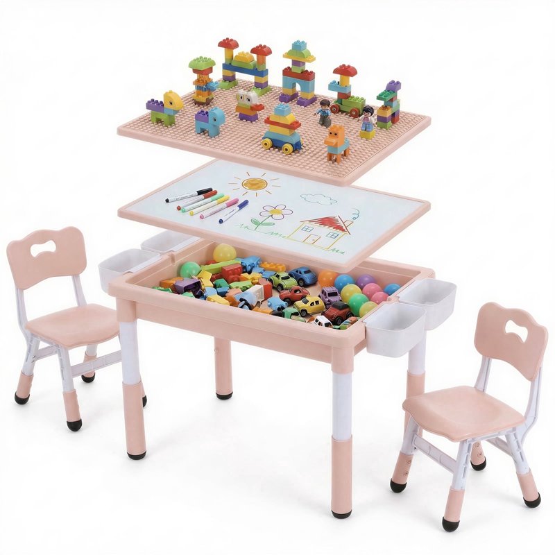 Kids Activity Table and Chair Set with Reversible Surface & Storage - Adjustable Height, Pink