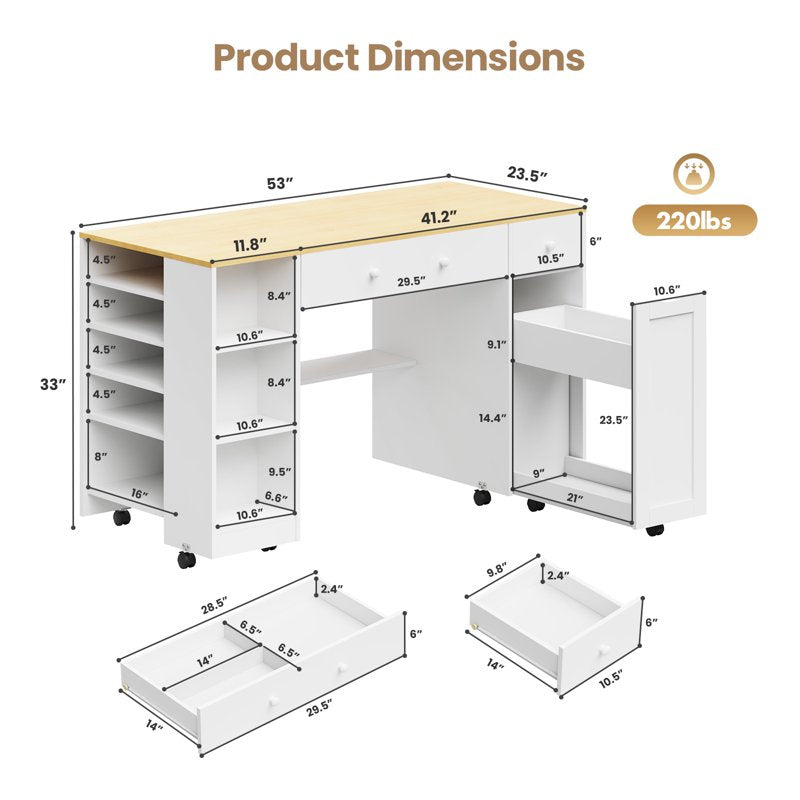 Rolling Sewing Craft Table with Storage Drawer & Lockable Wheels