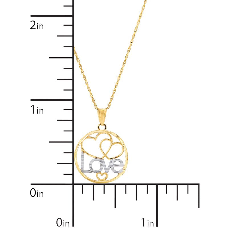 10K Yellow Gold Rhodium Love Hearts Circle Pendant Necklace - 18 Inch Chain